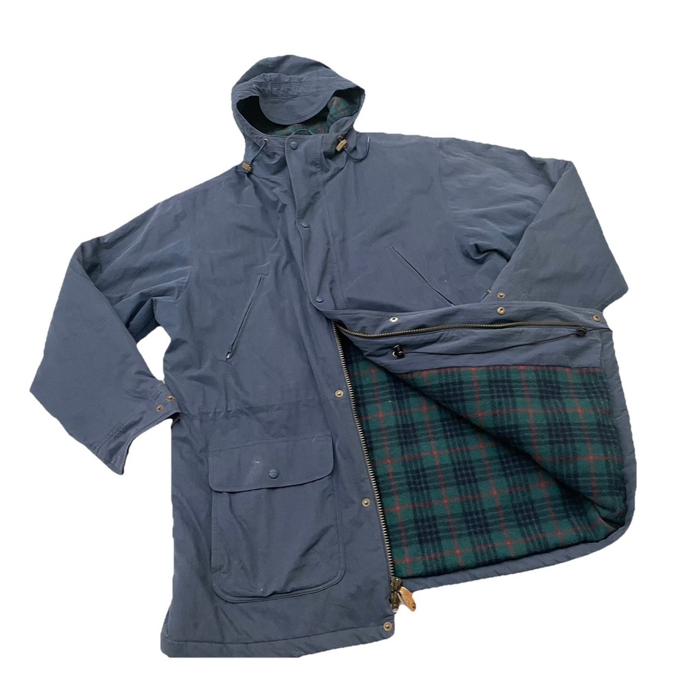 Vintage LL Bean Parka Jacket Men's XL Tall Blue Wool Plaid Lined Hooded Outdoors